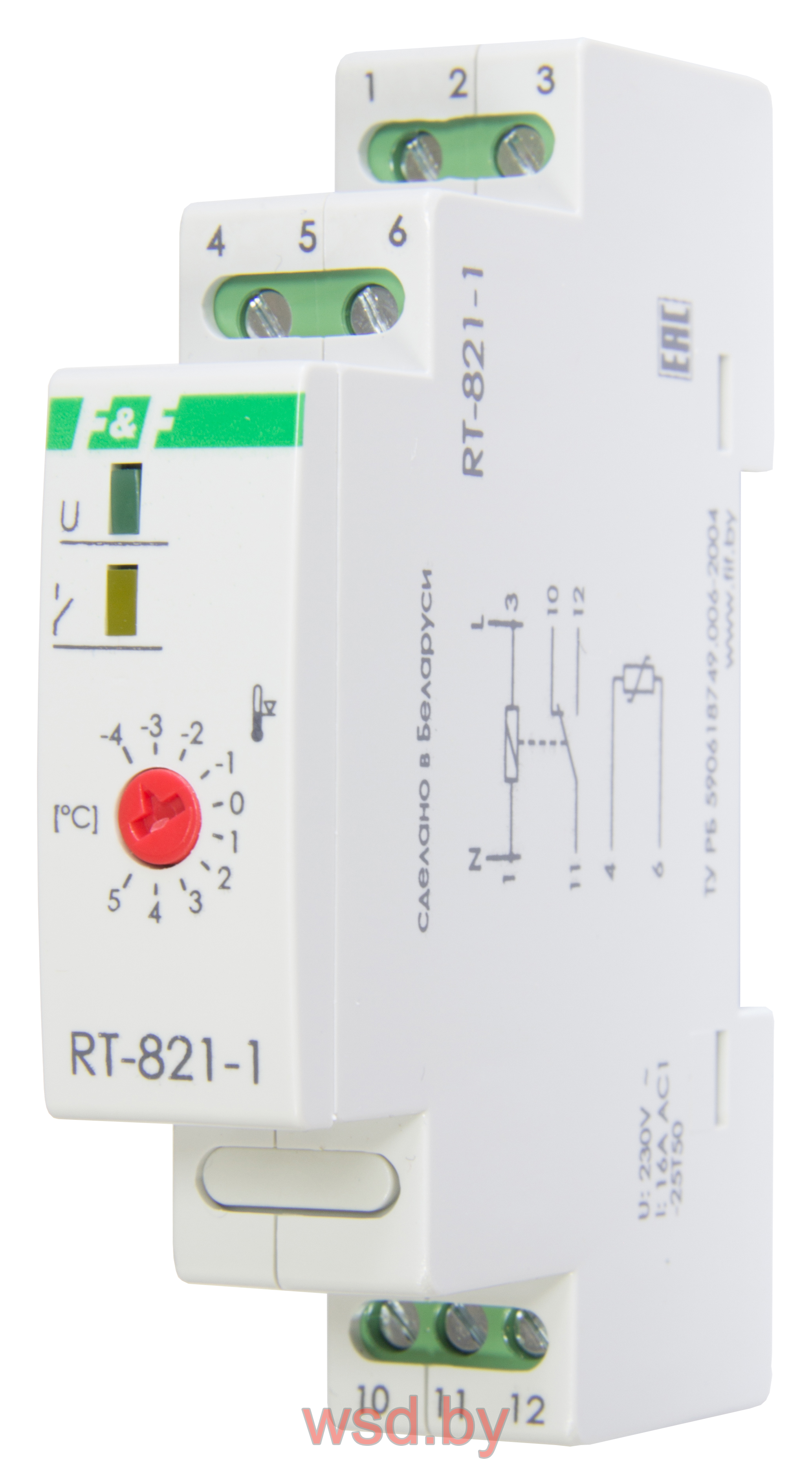 RT-821-1 Регулятор температуры диапазон температур от -4 до +5° С,  выносной датчик, 1 модуль, монтаж на DIN-рейке 230В AC 16А  1NO/NC IP20